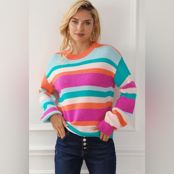 Multicolored Striped Round Neck Long Sleeve Knit Top